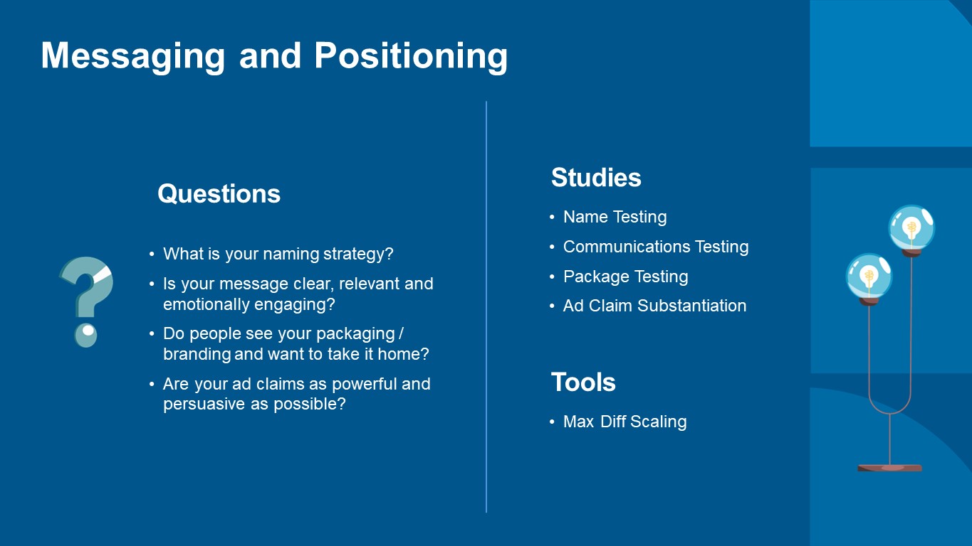 What is your naming strategy? Is your message clear, relevant and emotionally engaging? Do people see your packaging / branding and want to take it home? Are your ad claims as powerful and persuasive as possible? Name Testing Communications Testing Package Testing Ad Claim Substantiation Max Diff Scaling