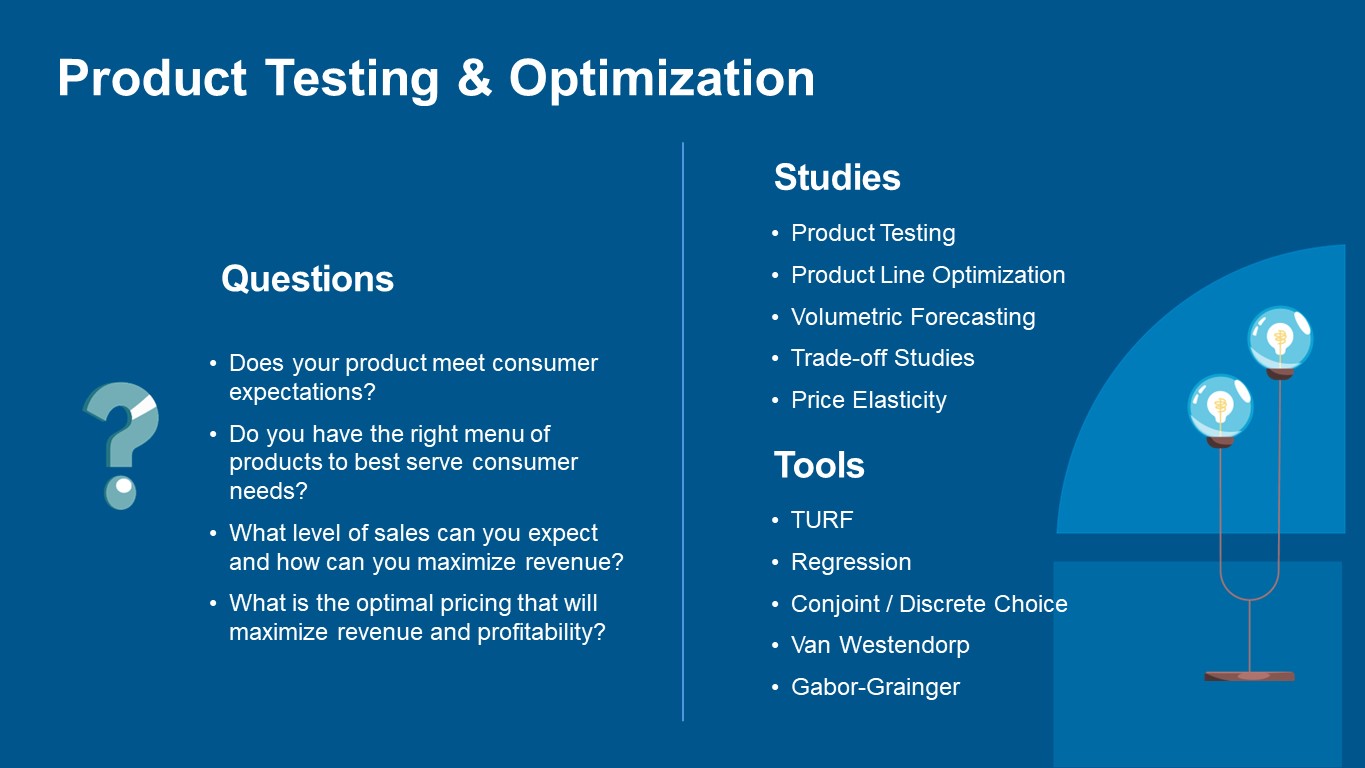 Does your product meet consumer expectations? Do you have the right menu of products to best serve consumer needs? What level of sales can you expect and how can you maximize revenue? What is the optimal pricing that will maximize revenue and profitability? Product Testing Product Line Optimization Volumetric Forecasting Trade-off Studies Price Elasticity TURF Regression Conjoint / Discrete Choice Van Westendorp Gabor-Grainger